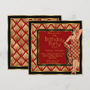 Birthday Party Red Black Gold Art Deco 1930 Lady 2 Kaart