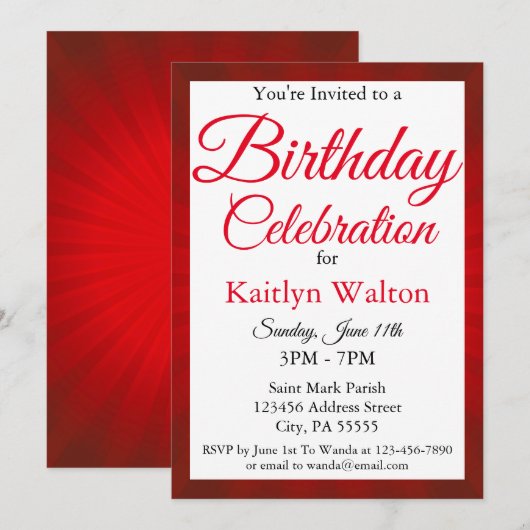 Birthday Party Red Sunburst Script Kaart (Voorkant / Achterkant)