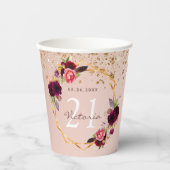 Birthday party roos gold burgundy florals glitter papieren bekers (Voorkant)