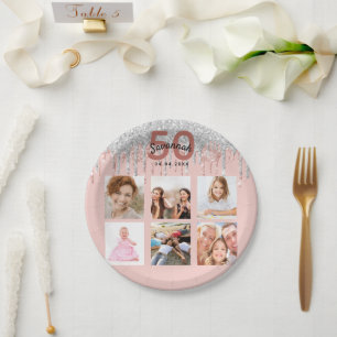Birthday party roos goud glitter roze zilver papieren bordje