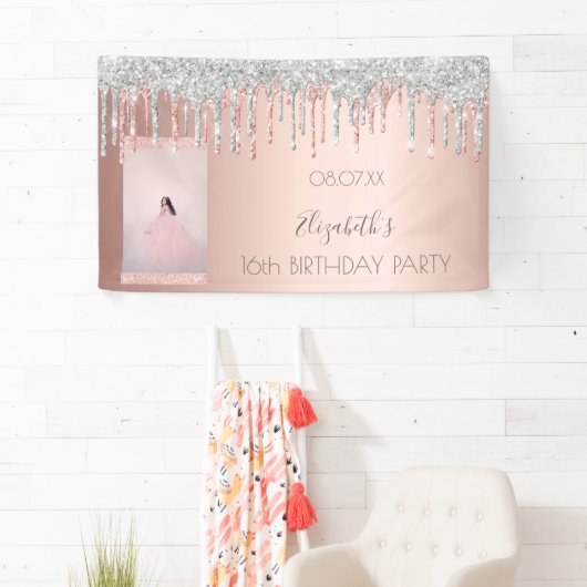 Birthday party roos goud glitter roze zilver spandoek (Insitu)
