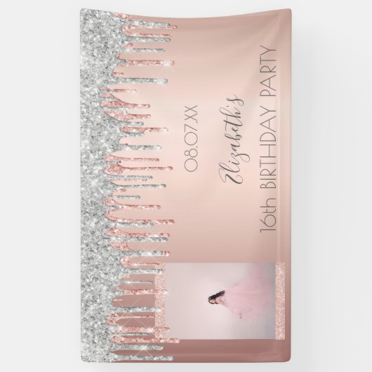 Birthday party roos goud glitter roze zilver spandoek (Verticaal)