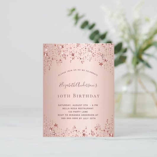 Birthday party roos gouden sterren sprinkle girale uitnodiging briefkaart (Staand voorkant)
