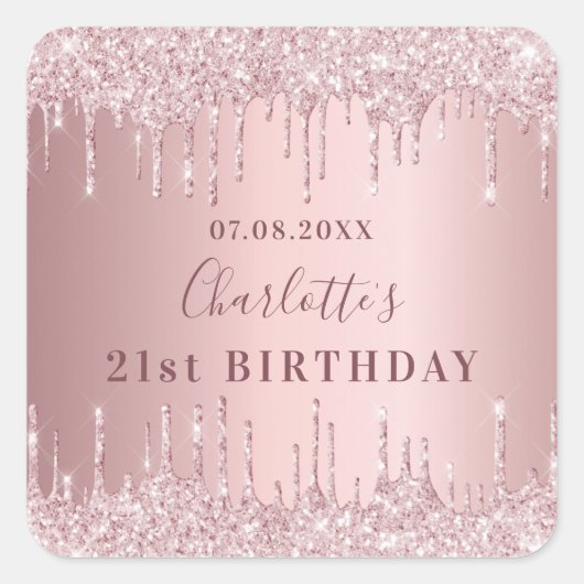 Birthday party roze dusty roos glitter monogram vierkante sticker (Voorkant)