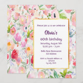 Birthday party roze florals white kaart (Voorkant / Achterkant)