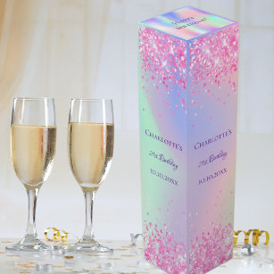 Birthday party roze paarse glitter holographic wijn geschenkdoos