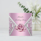 Birthday Party roze Rose Damask Silver Afbeelding Kaart (Staand voorkant)
