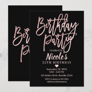 Birthday Party roze Rose Gold Foil & Black Modern Kaart
