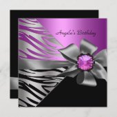 Birthday Party roze Silver Zebra Black Grey Bow Kaart (Voorkant / Achterkant)