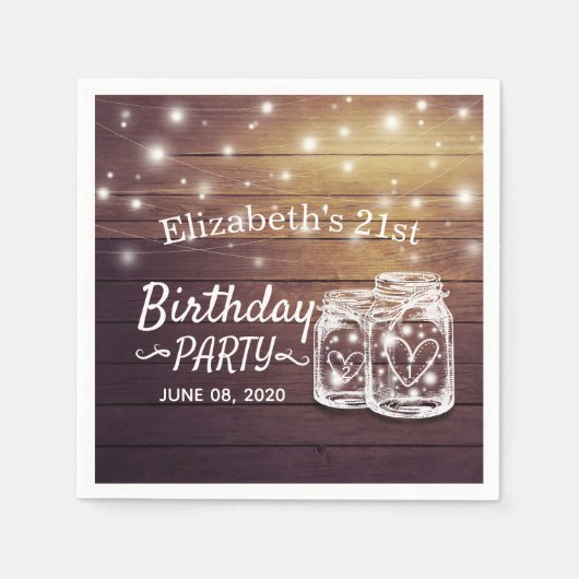 Birthday Party Rustic Wood Mason Jar String Lights Servet (Voorkant)