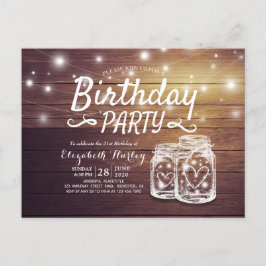 Birthday Party Rustic Wood Mason Jar String Lights Uitnodiging Briefkaart
