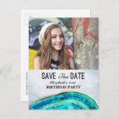 Birthday Party Save the Date Blauwgroen Gold Agate Uitnodiging Briefkaart (Voorkant / Achterkant)