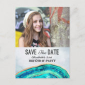 Birthday Party Save the Date Blauwgroen Gold Agate Uitnodiging Briefkaart (Voorkant)