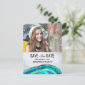 Birthday Party Save the Date Blauwgroen Gold Agate Uitnodiging Briefkaart (Staand voorkant)