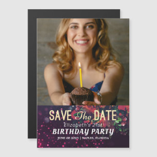 Birthday Party Save the Date Burgundy Floral Photo Magnetische Uitnodiging