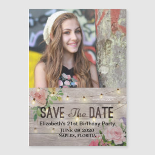 Birthday Party Save the Date Flowers Wood Lights Magnetische Uitnodiging