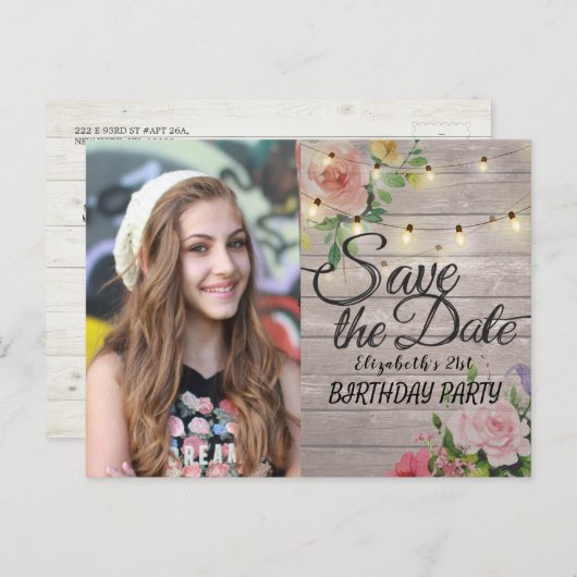 Birthday Party Save the Date Flowers Wood Lights Uitnodiging Briefkaart (Voorkant / Achterkant)