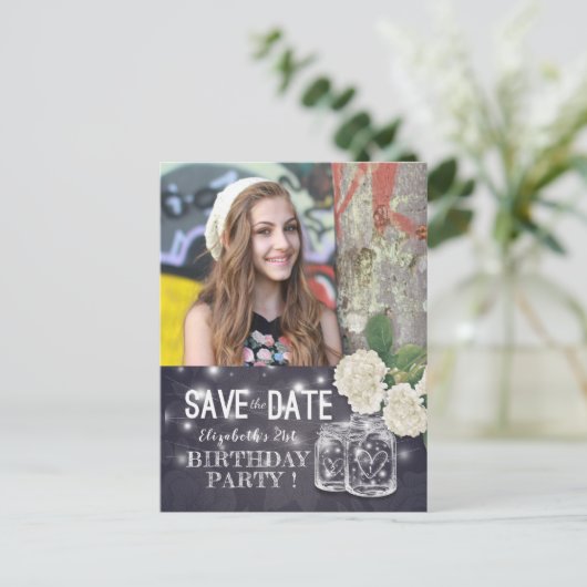 Birthday Party Save the Date Mason Jars Hydrangeas Uitnodiging Briefkaart (Staand voorkant)
