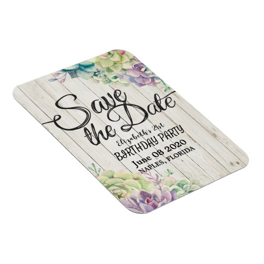Birthday Party Save the Date Succulent Rustic Wood Magneet (Rechterzijde)