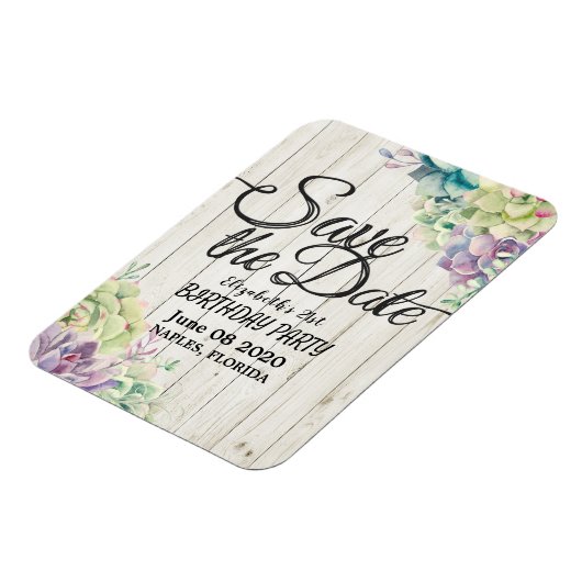 Birthday Party Save the Date Succulent Rustic Wood Magneet (Linkerzijde)