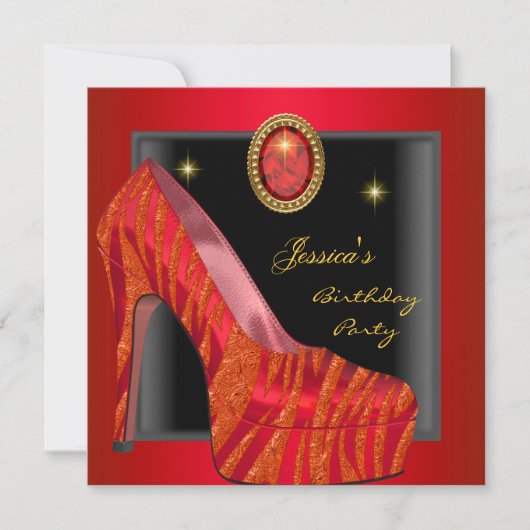 Birthday Party Shoe Gold Red Black Zebra Kaart (Voorkant)