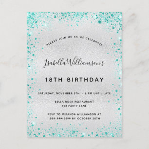 Birthday party Silver blauwgroen glitter glazen no Briefkaart