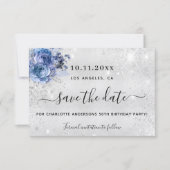 Birthday party Silver Blue florals glitter script Save The Date (Voorkant)
