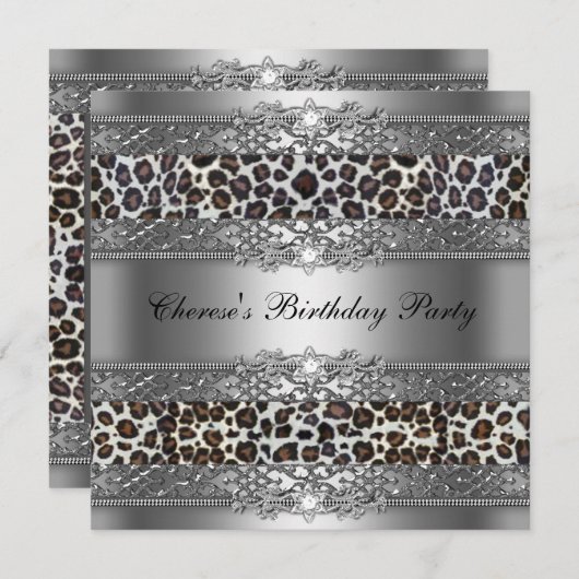 Birthday Party Silver Cheetah Diamond Kaart (Voorkant / Achterkant)
