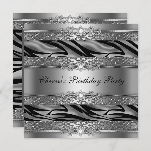 Birthday Party Silver Zebra Diamond Kaart (Voorkant / Achterkant)