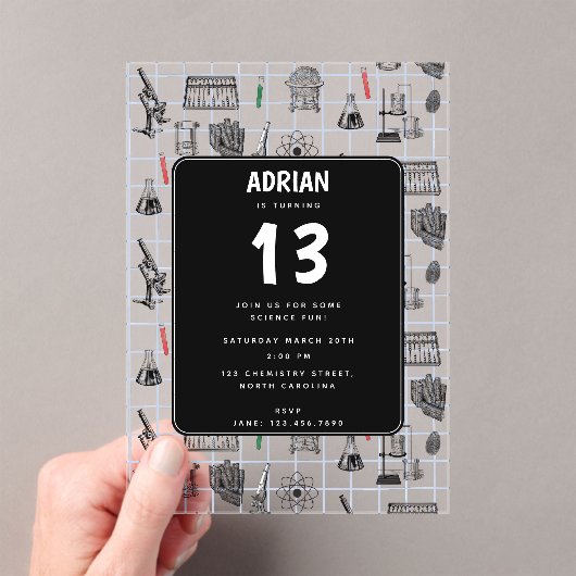 Birthday Party Theme Science Chemistry Scientist B Acryl Uitnodigingen (Insitu (Draagbaar))
