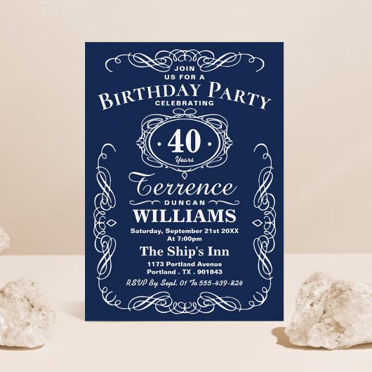 Birthday Party Trendy Navy Blue & White Typography Kaart