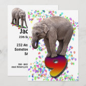 Birthday party uitnodiging 9, met gelukkige olifan (Voorkant / Achterkant)