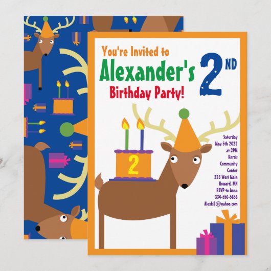 Birthday Party van Deer Animal Kind Kaart (Voorkant / Achterkant)