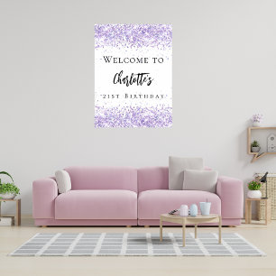Birthday party violet lavender white glitter name poster