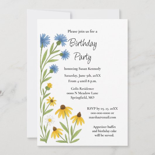 Birthday Party Watercolor Wildflowers  Kaart (Voorkant)