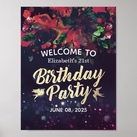 Birthday Party Welcome Marsala Floral Paars Light Poster (Voorkant)