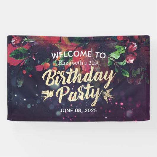 Birthday Party Welcome Marsala Floral Paars Light Spandoek (Horizontaal)