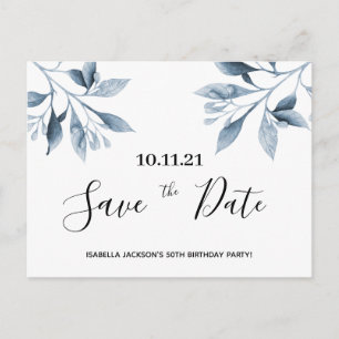 Birthday party white blue botanical save the date briefkaart