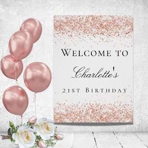 Birthday party white rozen goud glitter welkom poster