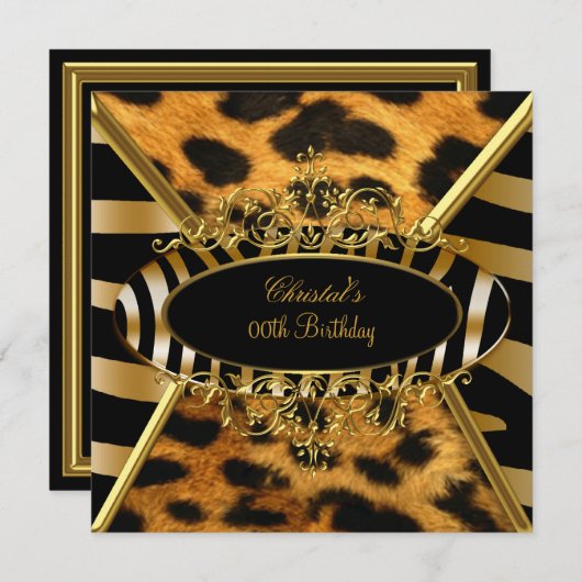 Birthday Party Wild Gold Black Zebra Leopard Kaart (Voorkant / Achterkant)