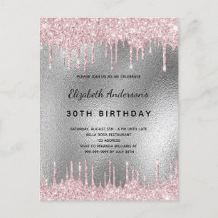 Birthday party zilverglitter drip roze uitnodiging