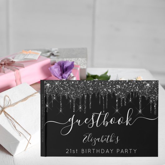 Birthday party zwarte witte glitter druipt naam gastenboek