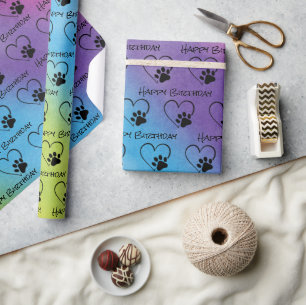 Birthday Paw-afdrukken met harten op regenboog Cadeaupapier