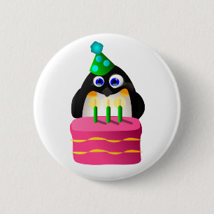 Birthday Penguin met Cake Ronde Button 5,7 Cm