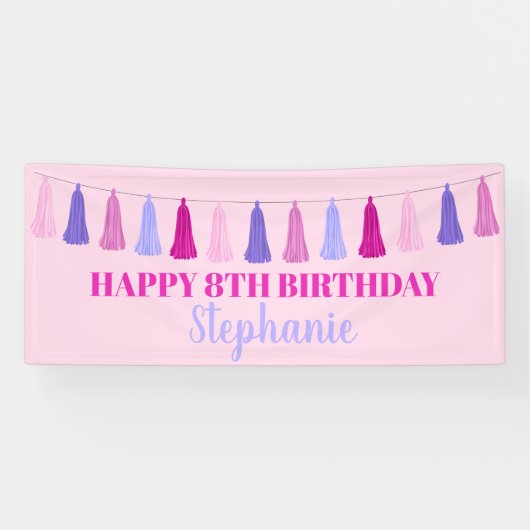 Birthday Pink en Paarse Tassel Banner (Horizontaal)