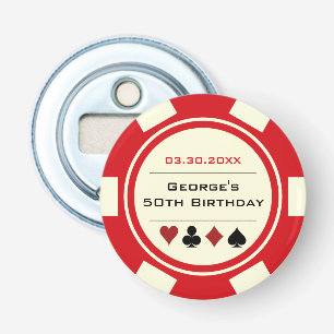 Birthday Poker Chip Casino Theme Red Off White Button Flesopener