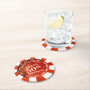 Birthday Poker Chip Red White, gepersonaliseerd Ronde Kartonnen Onderzetter