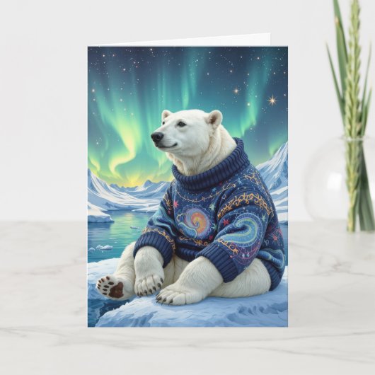 Birthday Polar Bear Sitting Under Northern Lights Kaart (Voorkant)