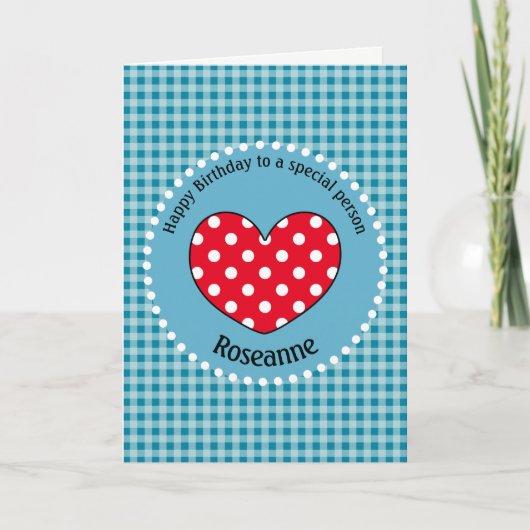 Birthday Polka Dot Love Heart Gingham Personalized Kaart (Voorkant)