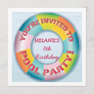 Birthday Pool Party Colorful Fun Float Invitation Kaart